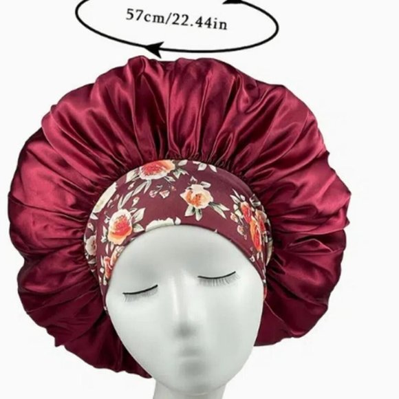 Women Satiny Bonnets for Sleeping White Burgundy Floral Band - Picture 2 of 2